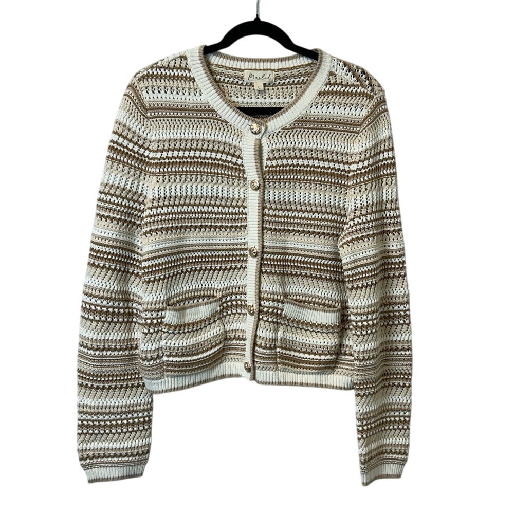 Marled Cream and Brown‎ Striped Knit Cardigan with Front Pockets Size Large